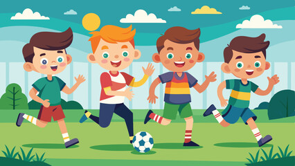 Illustrated Children Playing Soccer Outdoors on a Sunny Day with Sky and Clouds