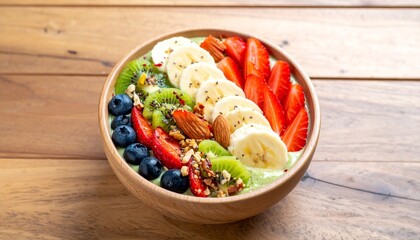 Colorful Smoothie Bowl with Fresh Fruits and Nuts on Rustic Wooden Table