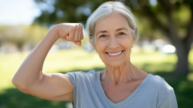 Healthy Senior Woman Flexing Arm and Smiling
