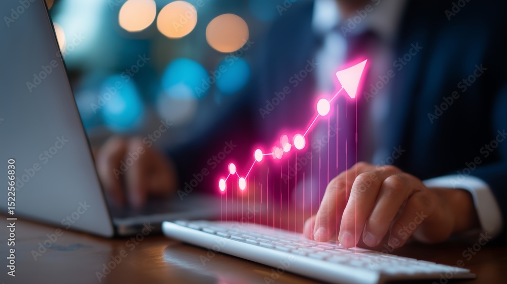 Poster business professional analyzing market trends with digital growth indicators while working on a lapt