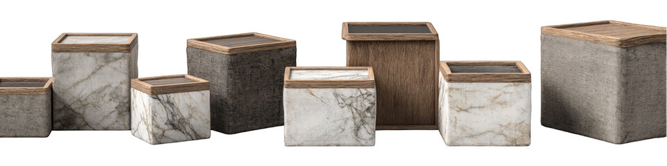 Several decorative, cube-shaped containers in marble and wood finishes