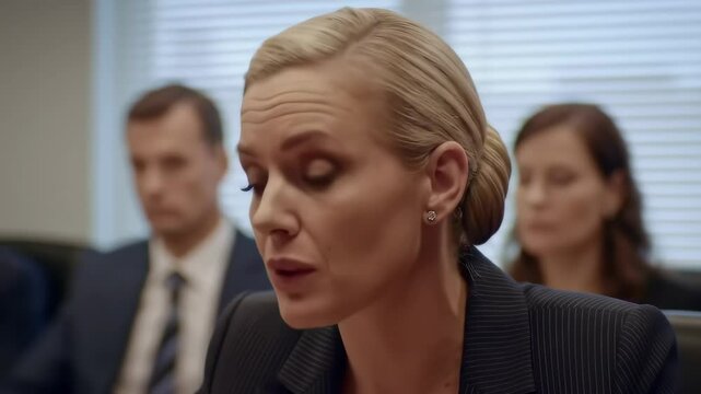 Manager shakes her head disapprovingly in a business meeting. Good for showing corporate conflict, presentation, toxic work culture etc. 