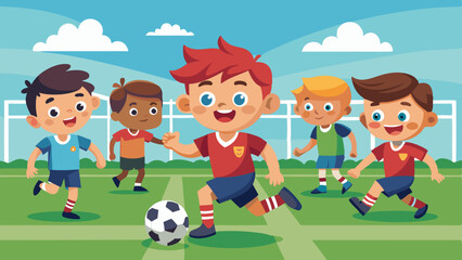 Cheerful Cartoon Boys Playing Soccer Match, Running After Ball on a Sunny Day
