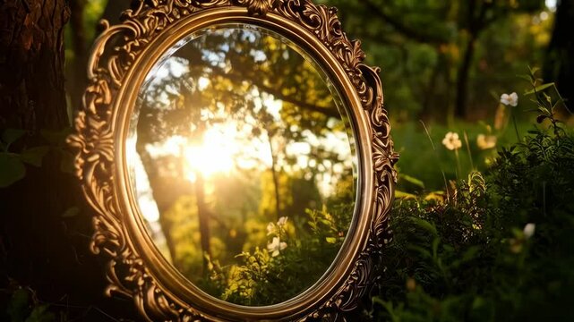 Ornate gold mirror reflecting sunlight in a lush forest setting with trees and green plants surrounding the scene.
