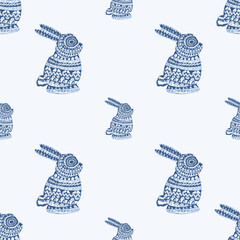 seamless pattern with fashion accessories blue theme small and big size Rabbit textured pattern background.