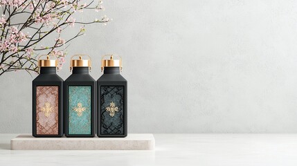 Elegant Black Lanterns with Gold Accents and Floral Branch