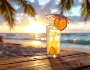 Cocktail on the beach at sunset on a wooden table