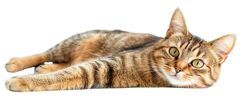 Adorable tabby cat lying down, isolated on transparent background