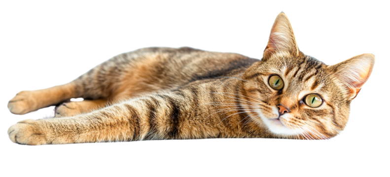 Adorable tabby cat lying down, isolated on transparent background