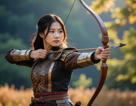 Archer with bow and arrow in warm sunshine
