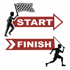 Athletes racing toward start and finish lines with flags depicting competition and achievement