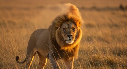Majestic Lion in Golden Light Standing in Tall Grass during a Sunny Day