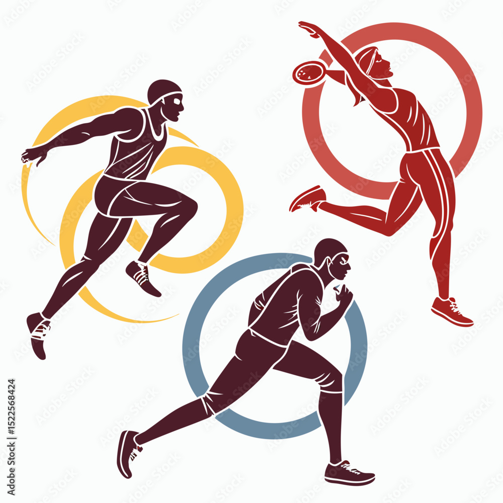 Poster dynamic silhouette illustrations depicting athletes in action with running jumping and throwing moti