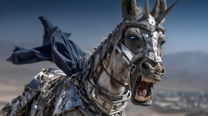 Majestic Armored Horse Sculpture in Desert  Cinematic  High Resolution Image