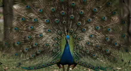 Magnificent Peacock Displaying Colorful Feathers With Green And Blue Tones In Natural Setting