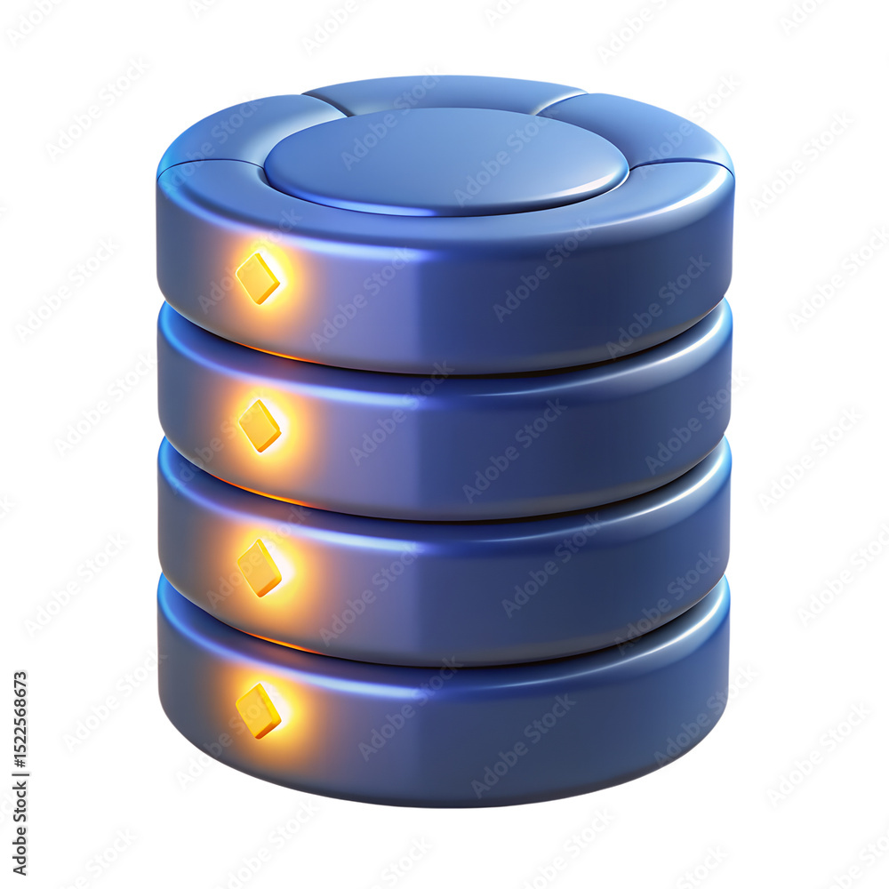 Poster glowing blue database server tower rendering digital information storage icon isolated with white tr