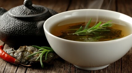 Aromatic Herbal Tea in Bowl  Tea Ceremony  Steam  Relaxation  Zen
