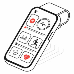 Isometric illustration of a smart fitness tracker displaying heart rate and workout data on white background