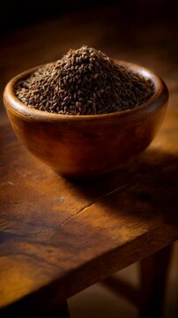 Cumin seeds piled high inside rustic wooden bowl sitting on aged wooden surface, close up view with warm lighting and dark background.