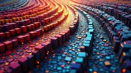 Obraz premium Abstract 3D blocks in wave pattern, vibrant colors. Ideal for tech, futuristic themes.