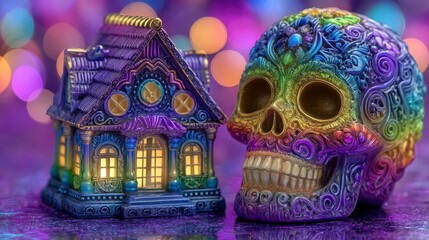 Fototapeta premium Illuminated Halloween House Ornate Skull Decor