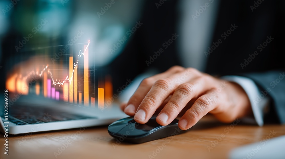 Poster business professional analyzing market trends with laptop and mouse at desk in modern office setting