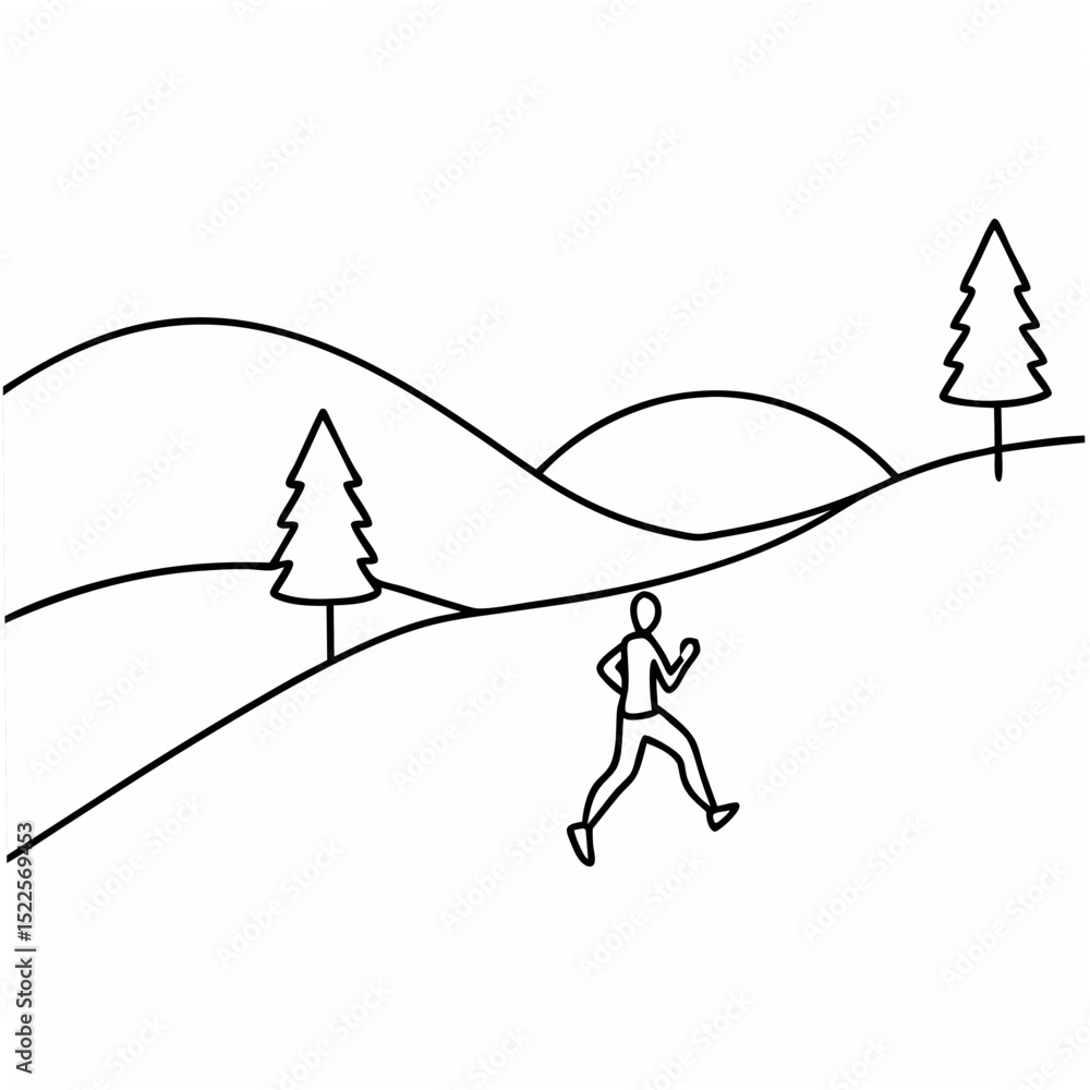 Poster simple black and white running figure in a minimalist landscape with trees on white background