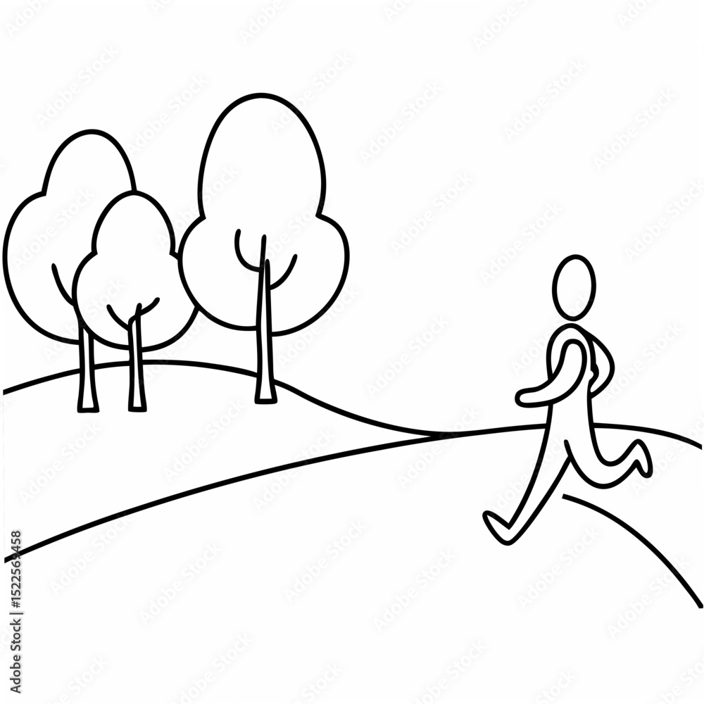 Poster simple linear illustration of a runner in a park with trees suitable for various design projects