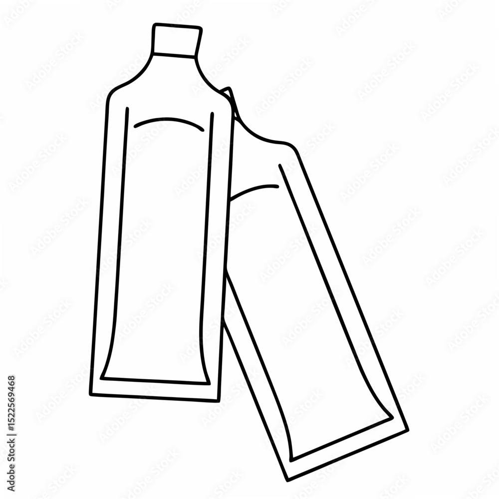 Poster simple line art illustration of two small sachets filled with product on a white background suitable