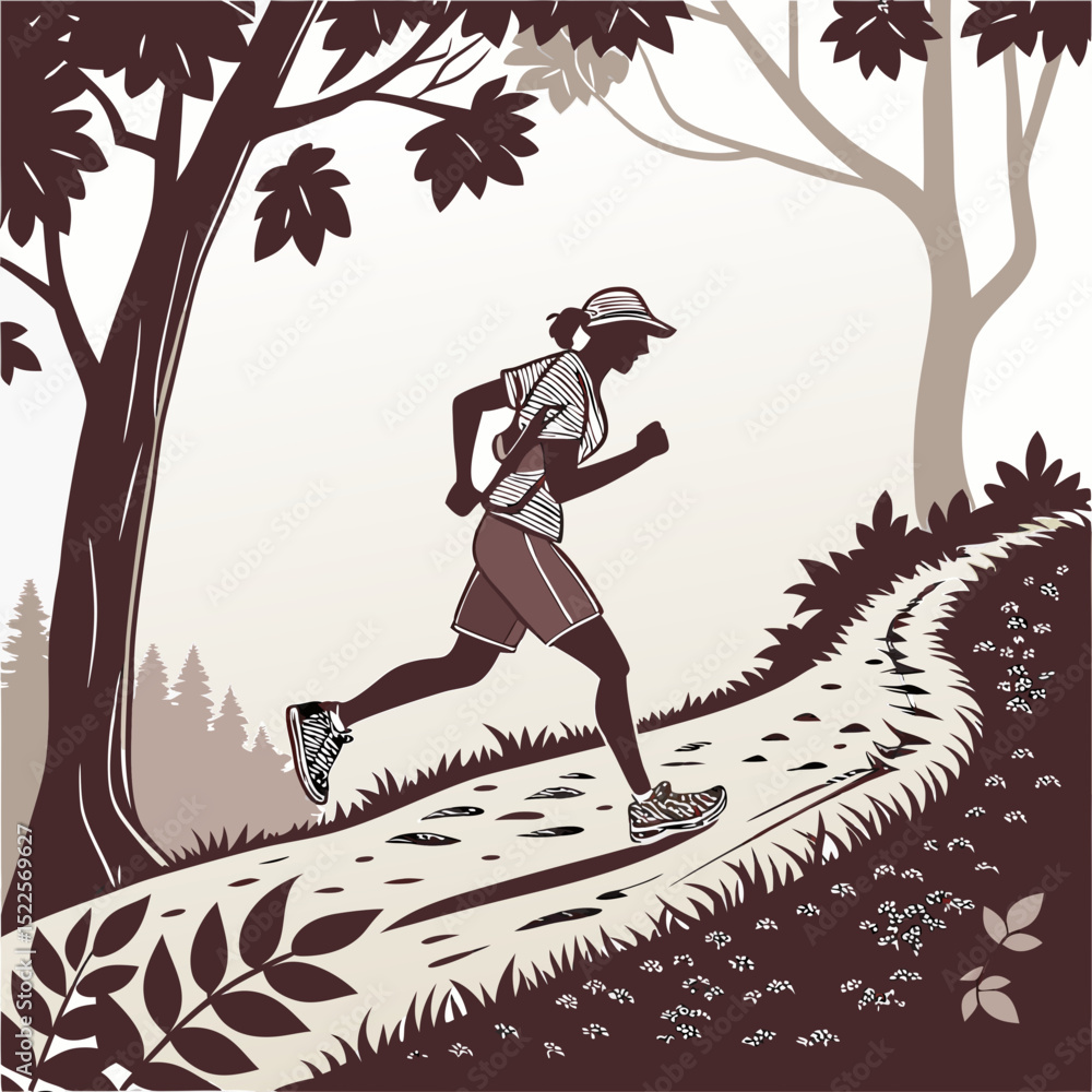 Poster vector illustration of a runner on a trail amidst trees demonstrating a person running in a natural 