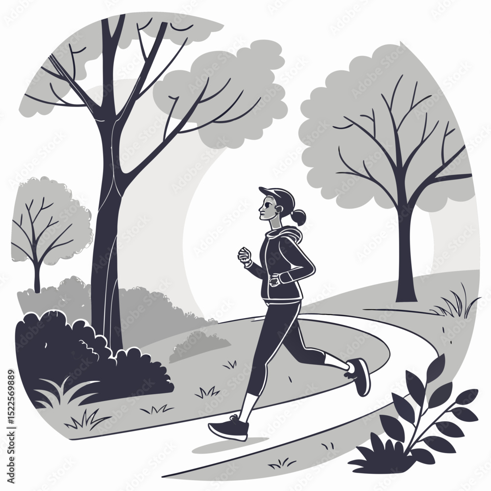 Poster a person jogging on a winding path through a tranquil park with trees and foliage in simple illustra