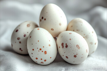 Fototapeta premium Speckled egg white egg group closeup natural fresh minimalist soft light Easter calm
