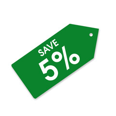 Eco Style Green Tag 5% Off Discount Label PNG, Flat Green Shape Tag with 5 Percent Off for Promotions, Minimal Green Price Sticker PNG - 5% Discount
