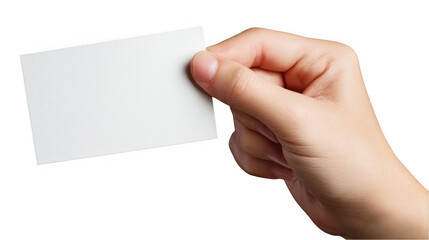 Fototapeta premium Woman's hand holding a blank white rectangular card with copy space, isolated on transparent background, perfect for showcasing designs or messages