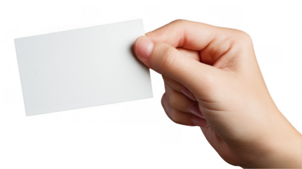 Woman's hand holding a blank white rectangular card with copy space, isolated on transparent background, perfect for showcasing designs or messages