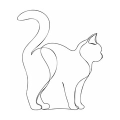 Minimalist one line drawing of a graceful cat in profile posing against a white background