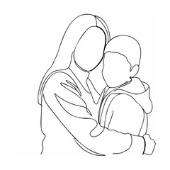 Elegant continuous line drawing of mother and child in a loving embrace together