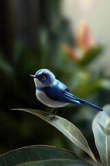 Obraz premium A blue bird is perched on a leaf. The bird is small and has a blue and white color. The image has a calm and peaceful mood, as the bird is sitting on a leaf in a natural setting