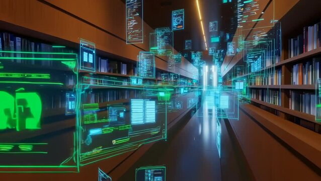 Digital data streams floating through futuristic library full of information panels
