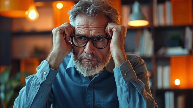 ideo portrays an elderly man with a concerned expression, possibly experiencing stress or anxiety, suitable for themes related to aging, mental health