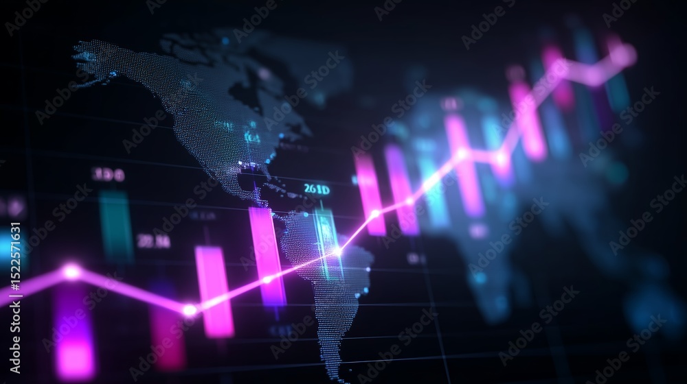 Poster global stock market trends display with colorful bar graphs and line charts enhancing data visualiza