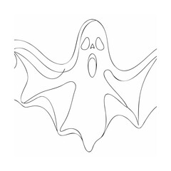 Simple black line drawing of a friendly halloween ghost with open mouth expression