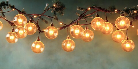 Edison bulb string lights with pine branches and pinecones creating cozy holiday ambiance against soft blurred background for christmas decoration.