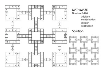 Math Maze for smart kids. Medium. Mixed Addition., subtraction, multiplication and division 0-100 for preschool children. Kindergarten and primary school. Math Labyrinth No.3. Vector Illustration EPS1