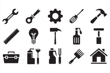 Comprehensive Workshop Tool Icon Pack with Vector Symbols of Drill, Gear, Light Bulb, House, Screwdriver, Hammer, and Oil Can in Black Style