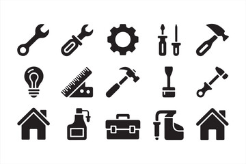 Clean Line Vector Icons of DIY Tools and Equipment Including Wrenches, Hammers, Gears, Rulers, and Home Symbols in Minimalist Outline Style