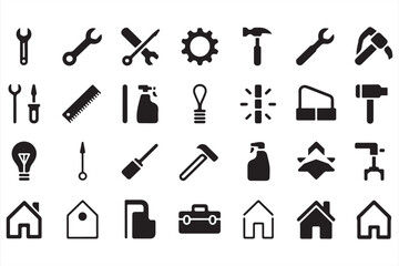 Fototapeta premium Wrench-Centered Vector Composition of Workshop and DIY Tool Icons Including Screwdrivers, Toolbox, Gears, Ruler, and Hammer in Flat Black Design