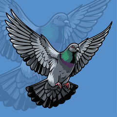 Fototapeta premium Vivid illustration of a soaring pigeon with colorful feathers in a lively city scene