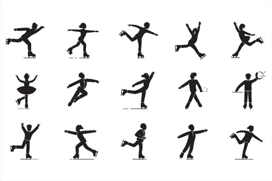 Black Silhouette Set of Male and Female Figure Skaters Performing Artistic Routines, Lifts, and Jumps in Varied Winter Sports Poses