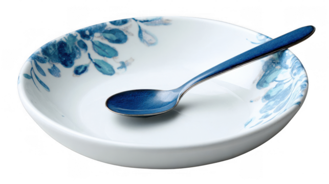 Empty round ceramic dish with a delicate blue floral rim, paired with a matching blue spoon, set against a transparent background for an elegant presentation - Powered by Adobe